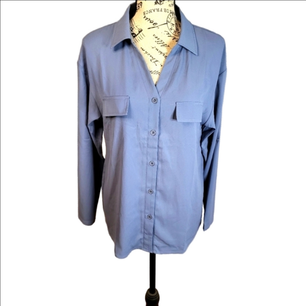 Lotus Mile Periwinkle Blue Long Sleeve Button Up Oxford Blouse Top Medium